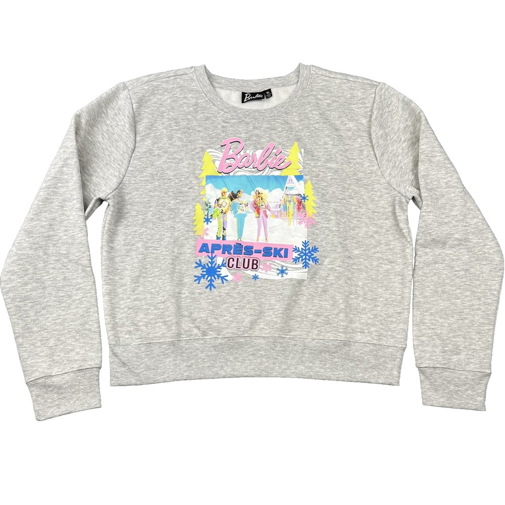 Barbie Sweatshirt Women XL Gray Après-Ski Club Graphic Fleece Pullover Y2K Vibe